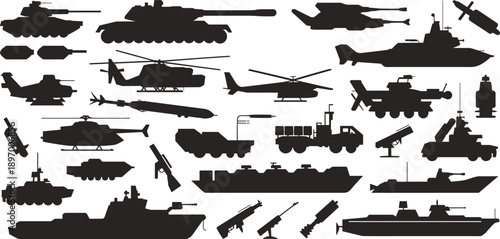 silhouette military vehicle set, modern army weapons collection, tanks aircraft ships missiles, combat equipment icons, warfare technology, black vector illustration