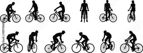 cyclist silhouette set, people riding bicycles in different poses, urban cycling activity collection, male and female bikers, black vector illustration