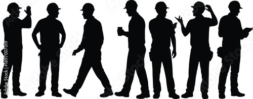 silhouette construction workers set, industrial labor men poses, safety helmet characters, teamwork job actions, building site activity, manual work concept, black vector illustration