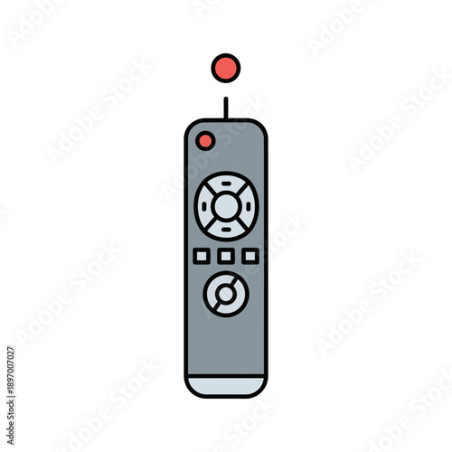 Gray remote control with red button and circular navigation on white background