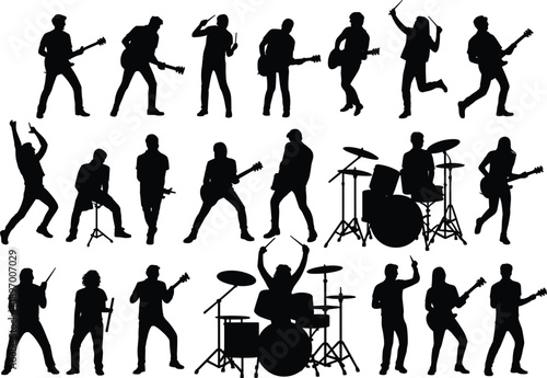 silhouette rock band set, live music performers collection, guitarist drummer singer action poses, concert performance icons, black vector illustration
