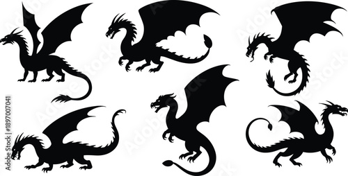 silhouette dragon fantasy set, flying mythical creatures poses, winged monster characters, medieval legend beasts, magic power concept, dark mythology, black vector illustration