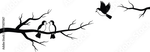 silhouette birds on tree branch, romantic love birds couple, flying bird scene, nature wildlife illustration, peaceful relationship concept, black white vector art