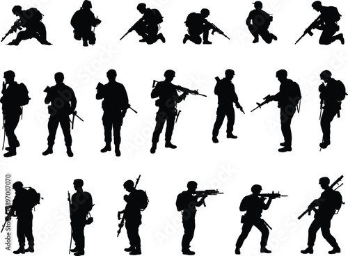 silhouette military soldiers set, armed forces combat poses, tactical infantry action, special forces weapons, defense security concept, war training, black vector illustration