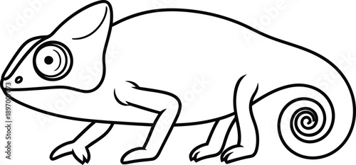 A black and white line drawing of a chameleon