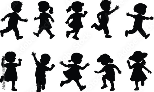 silhouette children running set, playful kids action poses collection, boys and girls motion outlines, childhood activity icons, black vector illustration