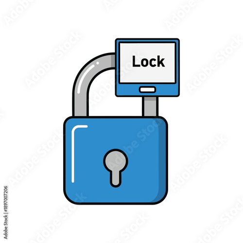 Blue padlock with a small screen displaying the word Lock and a gray shackle and keyhole on a... des
