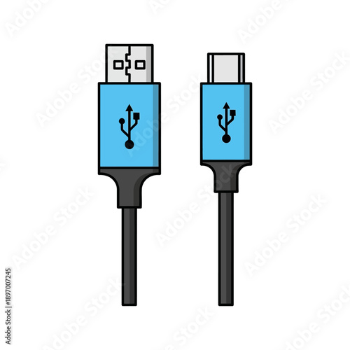 Blue USB-A and USB-C cables with USB symbol on white background with black outline des