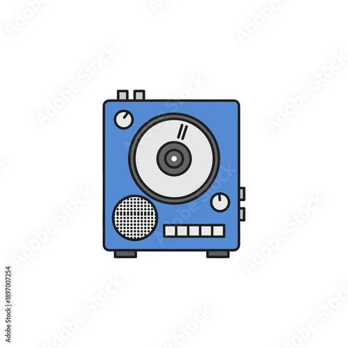 Blue vintage record player with turntable and controls on white background music audio