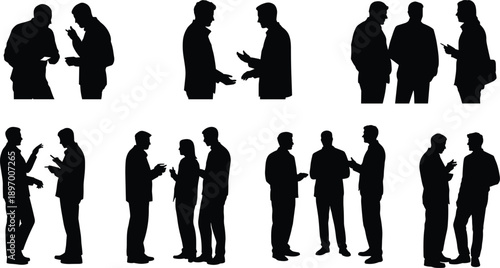 silhouette business discussion set, men women talking gestures, professional conversation scenes, office teamwork communication, corporate dialogue concept, meeting interaction