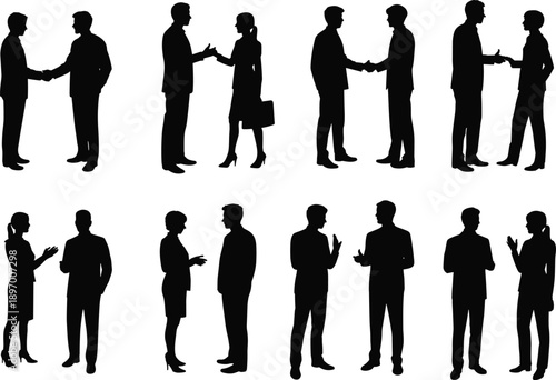 silhouette business handshake set, men women agreement poses, professional meeting interaction, corporate partnership concept, teamwork communication, deal success, black vector illustration