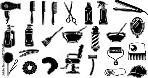 Black and White Line Art Icons of Hairdressing and Barber Tools, Salon Equipment Set