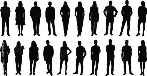 silhouette standing people set, men women casual poses, everyday human figures, modern lifestyle characters, neutral posture collection, social diversity, black vector illustration