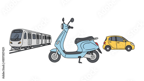 Transportation Trio: A diverse selection of transportation modes, presenting a train, scooter, and car, showcasing various urban transit options.