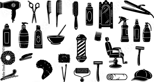 Black and White Glyph Icons Set of Hairdresser and Barber Tools, Isolated on White Background