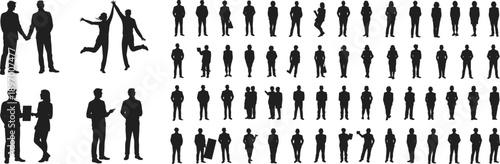 silhouette people collection set, men women standing poses, business casual characters, social interaction scenes, teamwork celebration concepts, urban lifestyle, black vector illustration