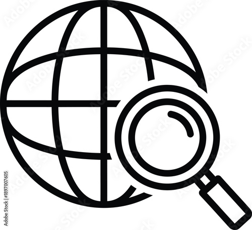 Global search icon outline vector illustration of magnifying glass over earth grid