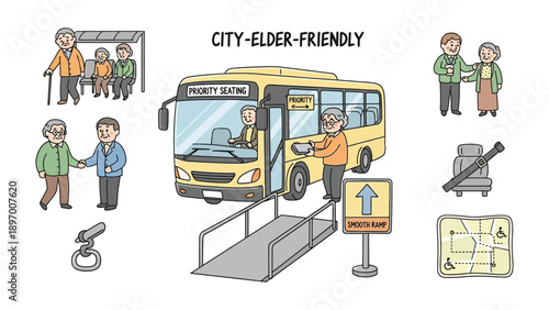 Elder-Friendly City Transit: This illustration shows an accessible city bus designed to accommodate elderly passengers, highlighting the inclusivity and support offered by the transit system. 