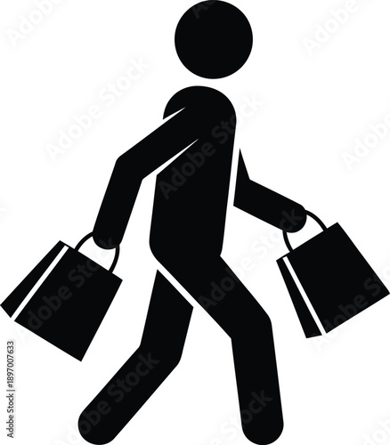 Silhouette of a person walking with two shopping bags, simple icon representing consumerism and retail activity