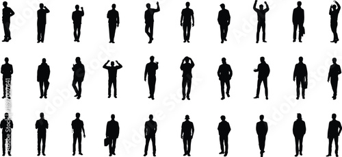 silhouette standing men set, male people poses collection, casual business characters, relaxed posture gestures, modern lifestyle concept, human body language, black vector illustration