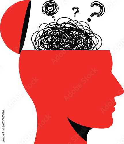 Red silhouette of a human head with an open top revealing a tangled mess of lines and question marks symbolizing confusion, stress, or mental chaos