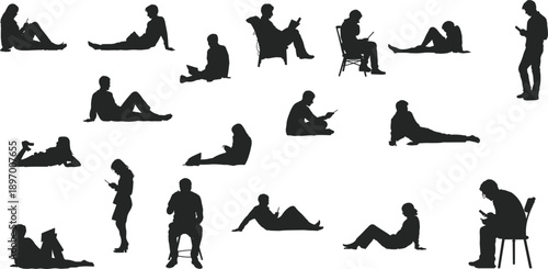 silhouette people sitting reading set, men women relaxed poses, casual lifestyle characters, mobile phone book usage, leisure activity concept, indoor rest, black vector illustration