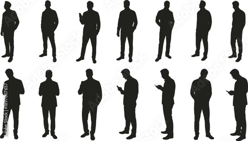 silhouette casual men set, standing male poses collection, modern urban people, relaxed posture characters, everyday lifestyle concept, youth fashion, black vector illustration