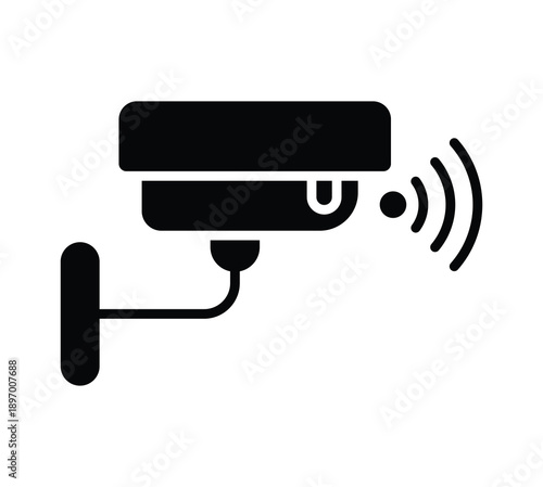 Black Silhouette of Security Camera with Signal Waves Emitting