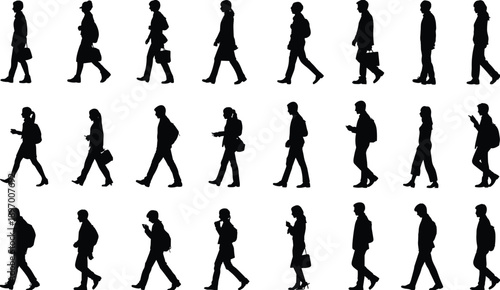 silhouette walking people set, men women pedestrian collection, urban lifestyle movement, business casual commuters, daily city activity, human motion, black vector illustration