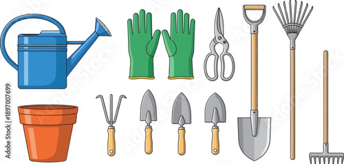 A comprehensive collection of essential gardening tools and equipment, including a watering can, gloves, shovels, rakes, and hand trowels.