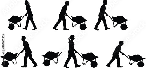 Black silhouettes of men and women pushing wheelbarrows filled with material, depicting labor and construction work.