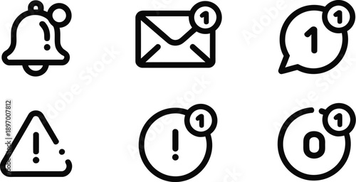 A set of simple line icons displays essential digital communication notifications including a bell, envelope, and speech.