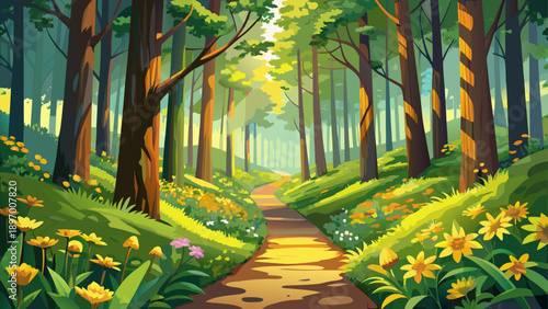 Very beautiful dense forest path lined with tall trees and bright yellow wildflowers in full bloom, creating depth, freshness, and a vibrant natural walking scene.