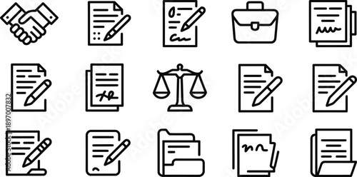 A grid of fifteen black and white line icons illustrating legal documentation, contract signing, official paperwork,.