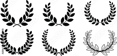 A diverse set of six black and white laurel wreaths and olive branches, symbolizing victory, honor, and achievement in various classic styles.