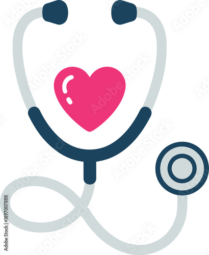 Flat icon of a stethoscope with a bright pink heart in the center, symbolizing cardiology, health checkup, and medical care