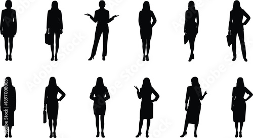 silhouette business women set, professional female poses, office style people, standing gestures, elegant careers, corporate fashion, black vector illustration