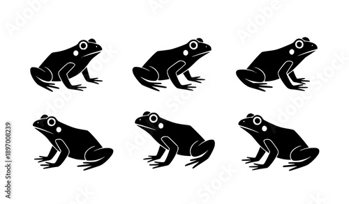 Minimal frog silhouette vector icon set of 6 isolated on white