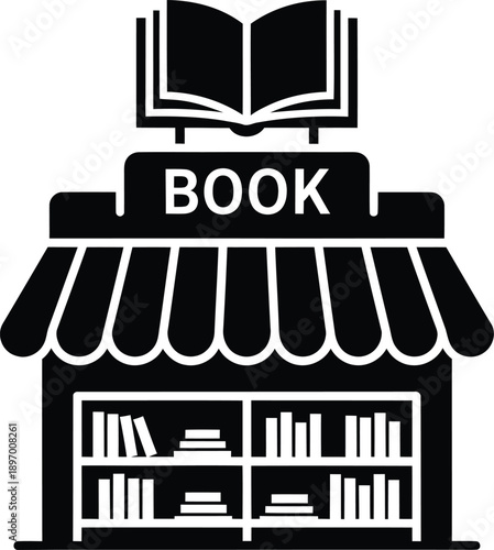 Book store icon silhouette with open book on top and shelves of books inside