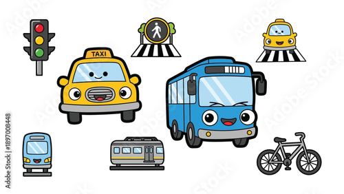 Cartoon Transport Set: A charming ensemble of illustrated transport, with each vehicle and traffic signal brimming with personality.