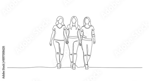 Three young women walking together holding hands line art.