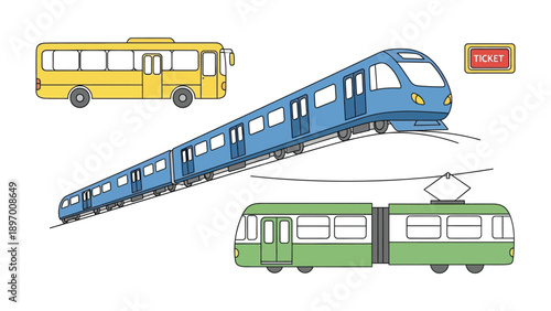 Urban Transit Trio: A collection of meticulously crafted illustrations showcase various modes of urban public transportation, including a bus, a train, and a tram.