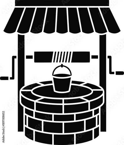 Water well with bucket and crank mechanism for drawing water from underground source icon silhouette