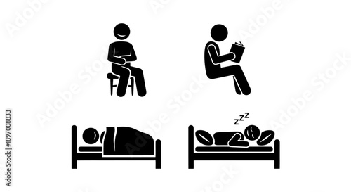 Stick figures in different poses and activities.