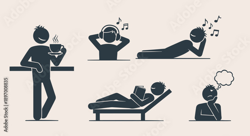 Stick Figures Enjoying Leisure Activities and Relaxation.