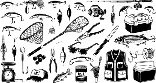 Black and White Line Art of Fishing Gear and Tackle for Angling Hobbyists