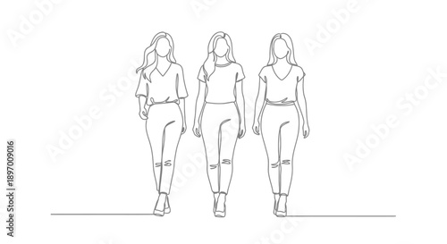 Three women standing together in a simple line drawing style.