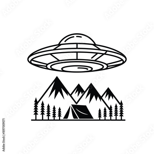 Flying Saucer Over Mountains and Tent.