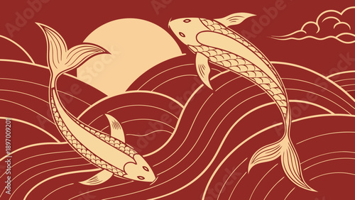 a Creative oriental illustration of two golden koi fish swimming in sunset waves 