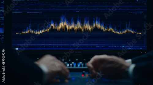 Person operating sound mixer with visual audio waveform display.